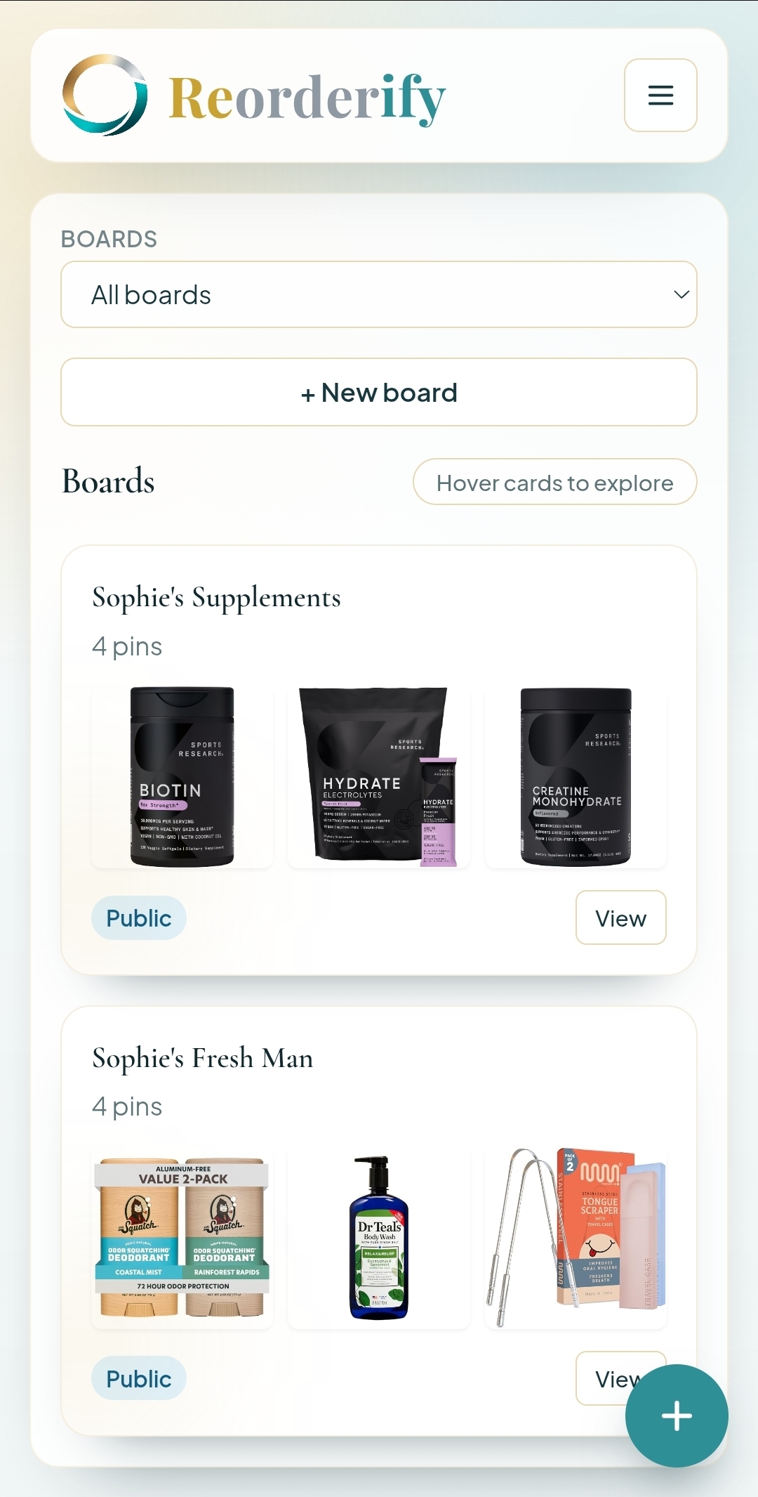 Boards page with multiple saved products on a mobile view